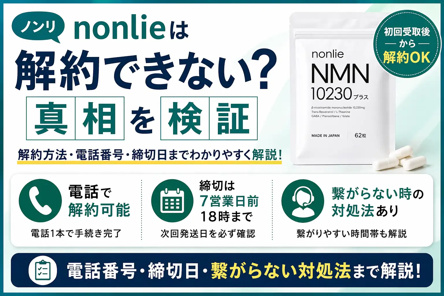 nonlie NMN10230プラスの解約方法、電話番号、締切日を解説したアイキャッチ